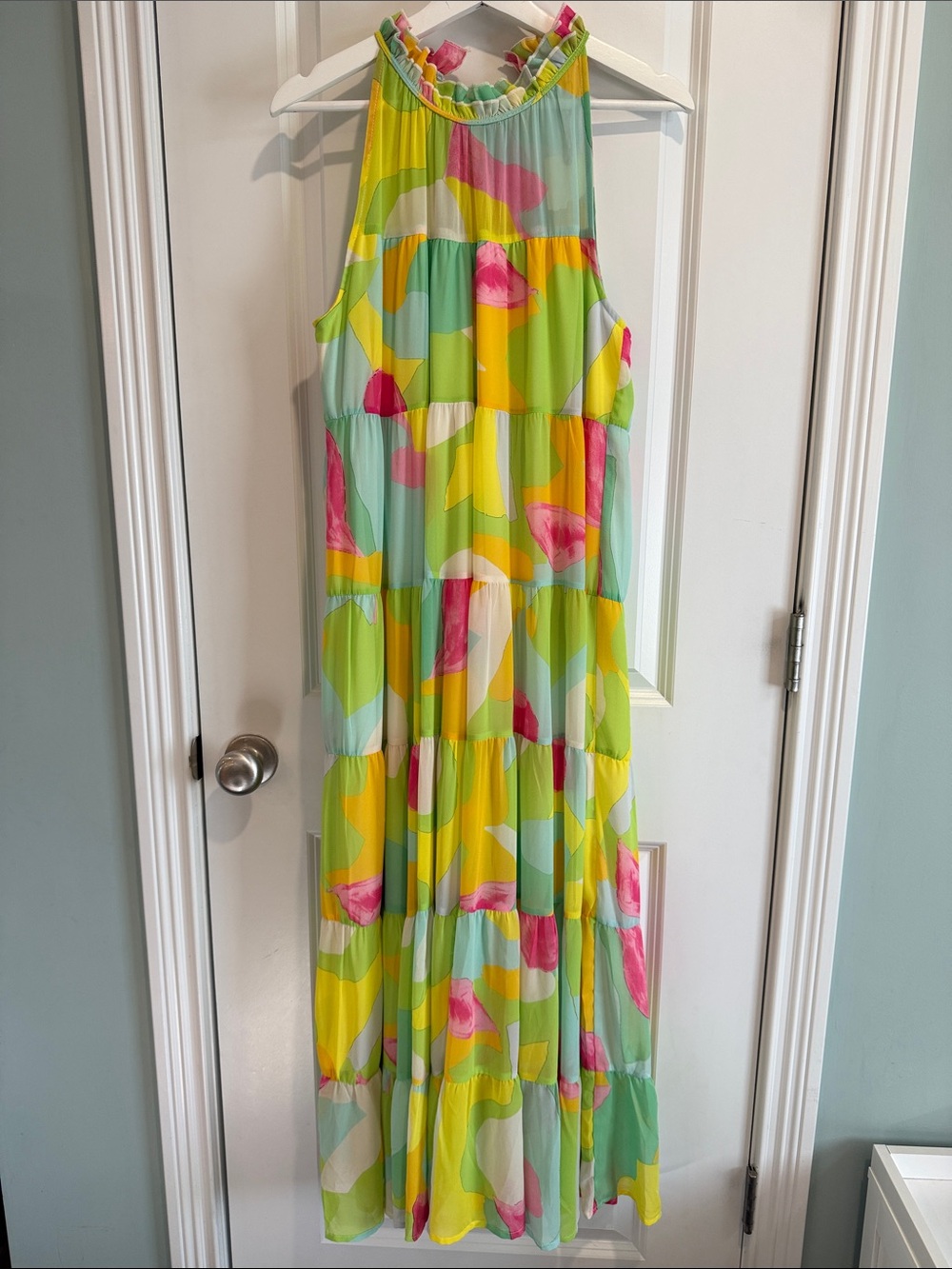 NWT entro Lime, Yellow & Pink Tiered Halter Maxi Dress
